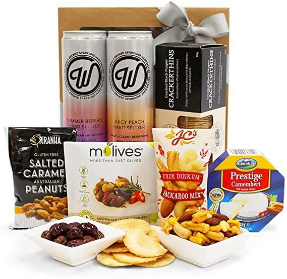 Seltzer & Snacks Gift Hamper - Seltzers, Crackers, Olives, Cheese & Nuts - Sweet & Savoury Gift Hamper Box for Birthdays, Christmas, Easter, Weddings, Receptions, Anniversaries, Office & College Parties - John Cootes