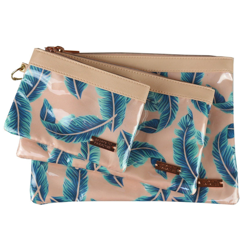 Set of 3 Zip Cosmetic Pouches-Peach Palm Leaves - John Cootes