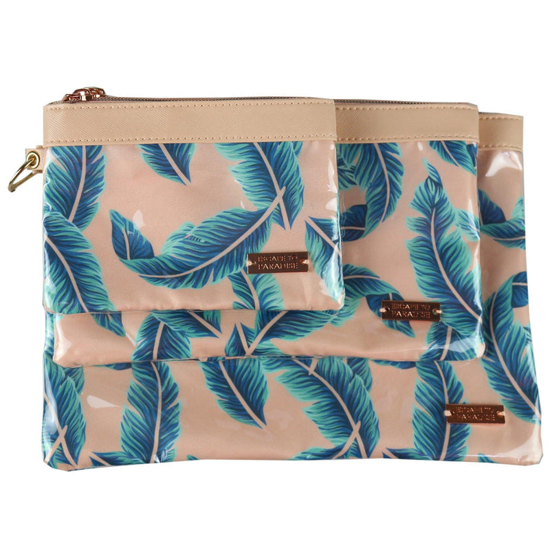 Set of 3 Zip Cosmetic Pouches-Peach Palm Leaves - John Cootes