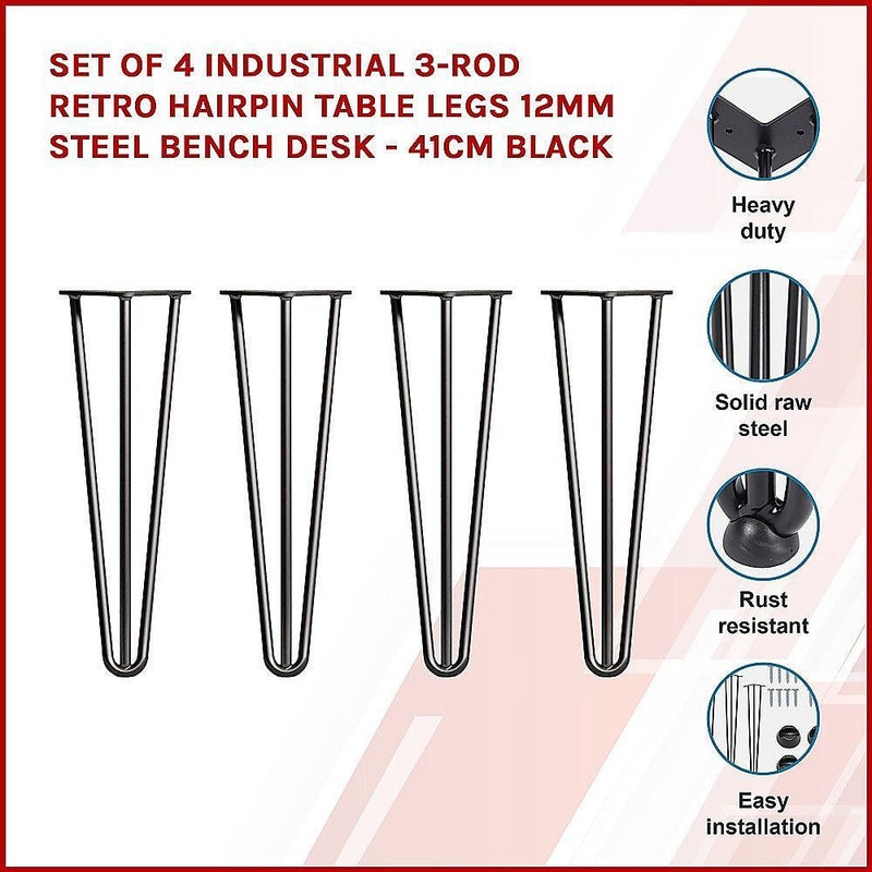 Set of 4 Industrial 3-Rod Retro Hairpin Table Legs 12mm Steel Bench Desk - 41cm Black - John Cootes