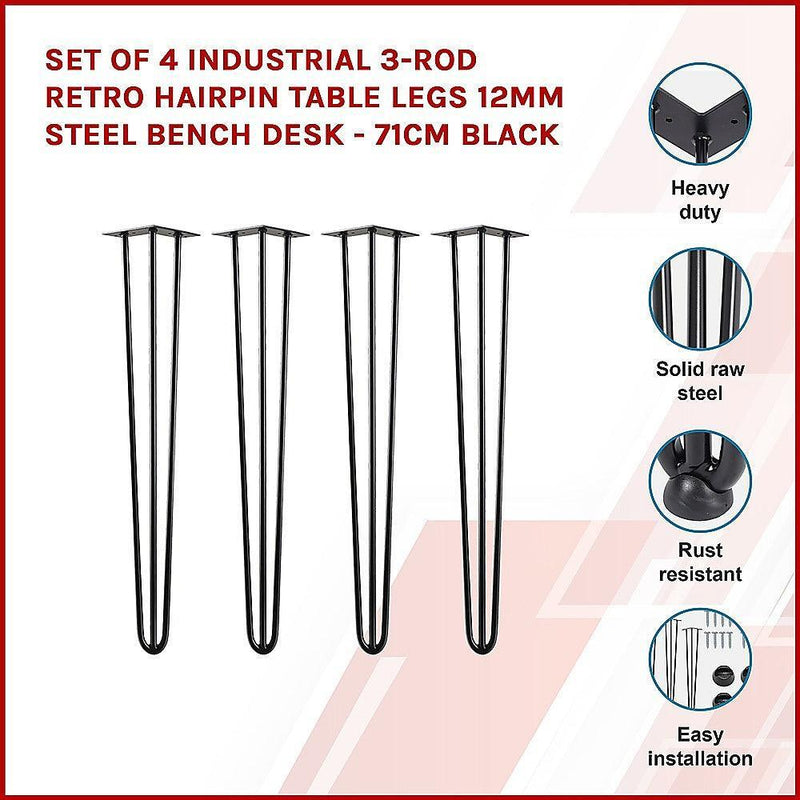 Set of 4 Industrial 3-Rod Retro Hairpin Table Legs 12mm Steel Bench Desk - 71cm Black - John Cootes