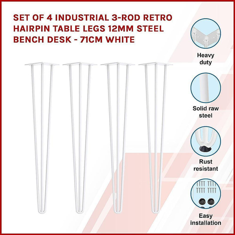 Set of 4 Industrial 3-Rod Retro Hairpin Table Legs 12mm Steel Bench Desk - 71cm White - John Cootes