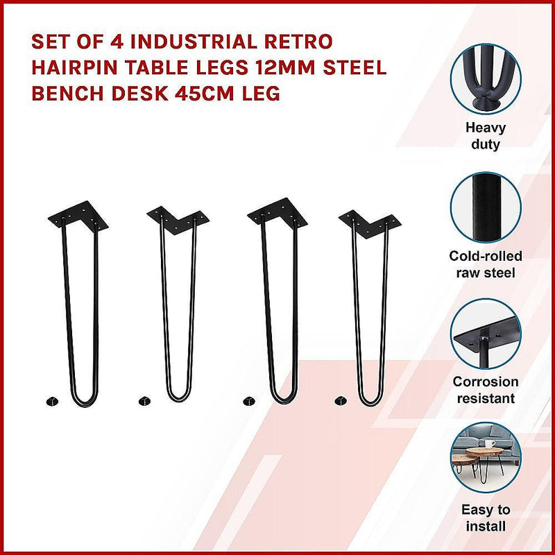 Set of 4 Industrial Retro Hairpin Table Legs 12mm Steel Bench Desk 45cm Leg - John Cootes