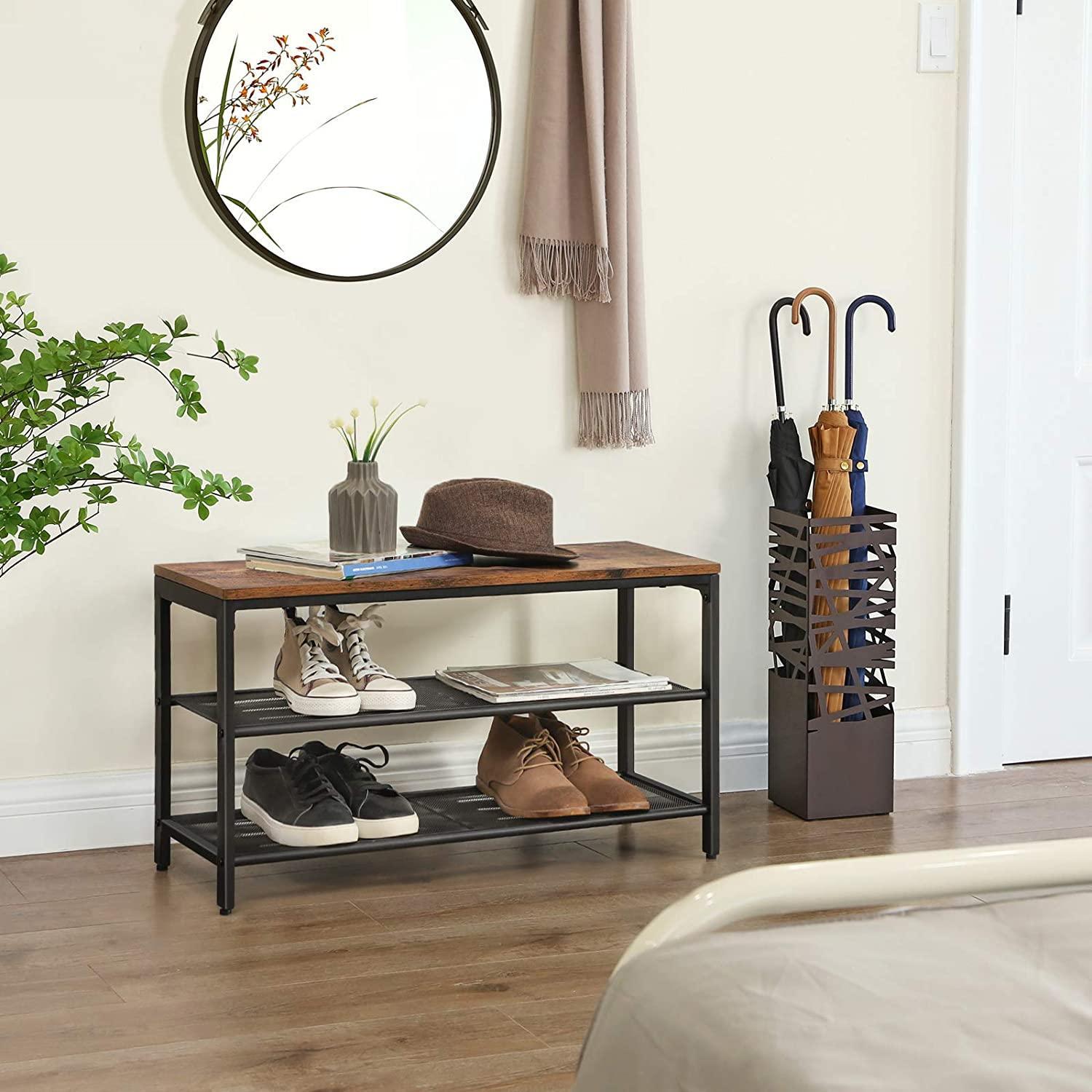 Shoe Rack with 2 Mesh Shelves, Rustic Brown and Black - John Cootes