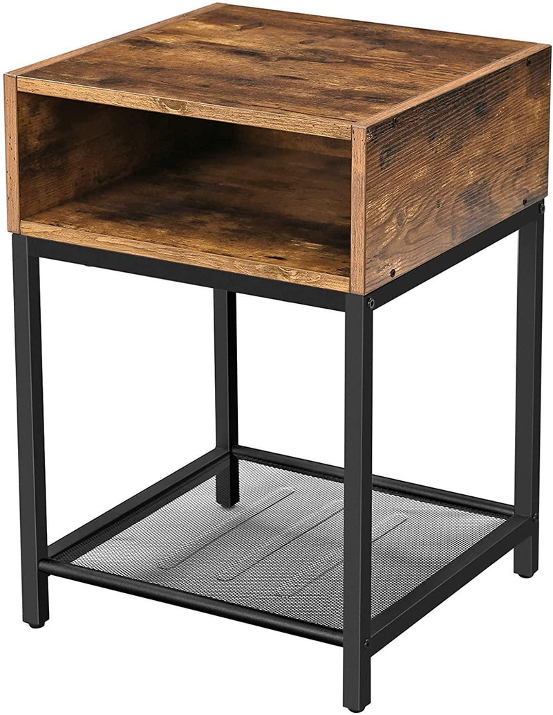 Side Table with Open Compartment and Mesh Shelf Rustic Brown and Black - John Cootes
