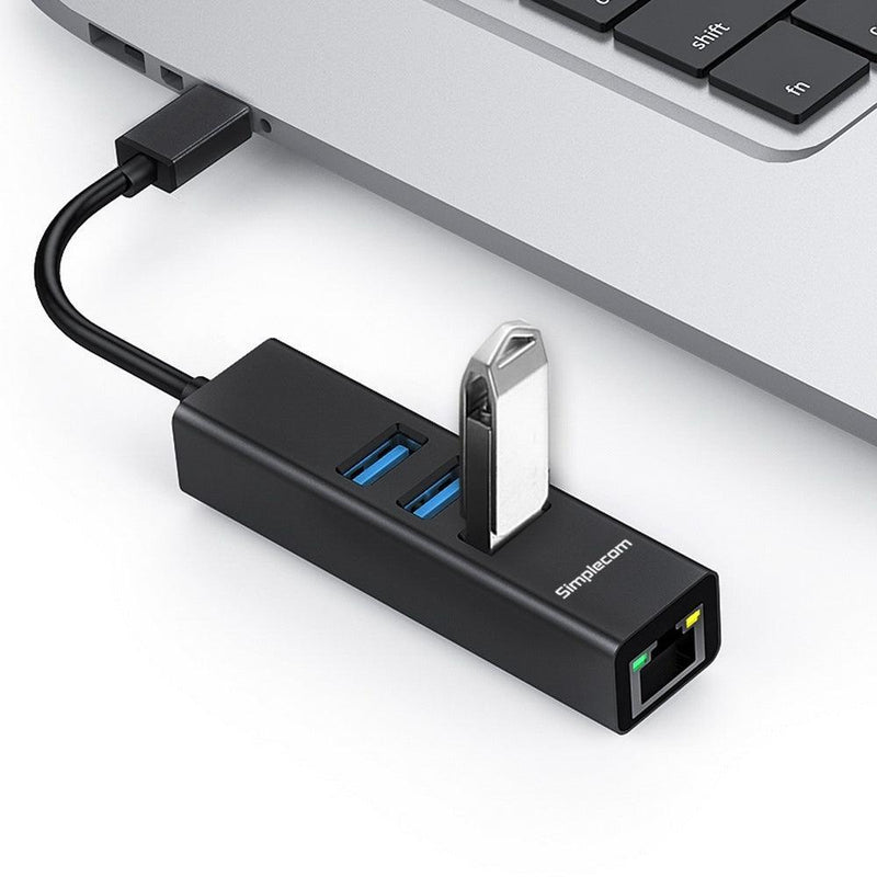 Simplecom CHN421 Aluminium USB-C to 3 Port USB HUB with Gigabit Ethernet Adapter Black - John Cootes