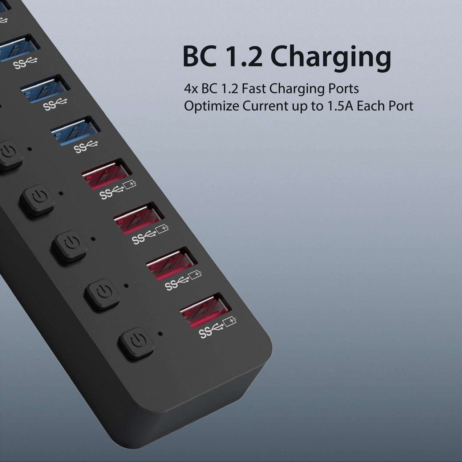 Simplecom CHU810 48W 10-Port USB 3.0 Hub and Charger with Individual Switches 12V/4A Power Adapter BC1.2 Fast Charging - John Cootes