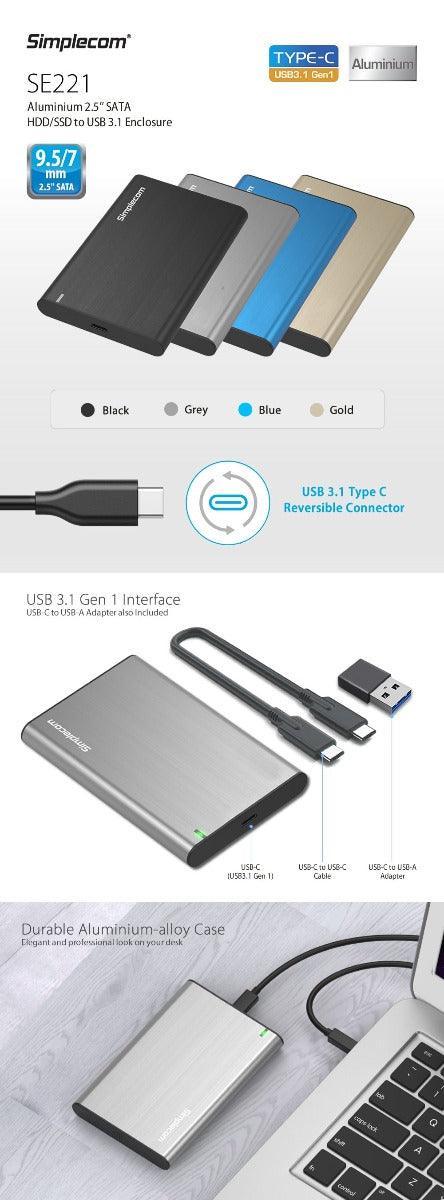 Simplecom SE221 Aluminium 2.5'' SATA HDD/SSD to USB 3.1 Enclosure Black - John Cootes