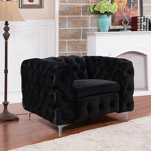 Single Seater Black Sofa Classic Armchair Button Tufted in Velvet Fabric with Metal Legs - John Cootes