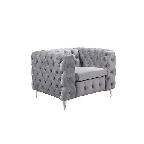 Single Seater Grey Sofa Classic Armchair Button Tufted in Velvet Fabric with Metal Legs - John Cootes