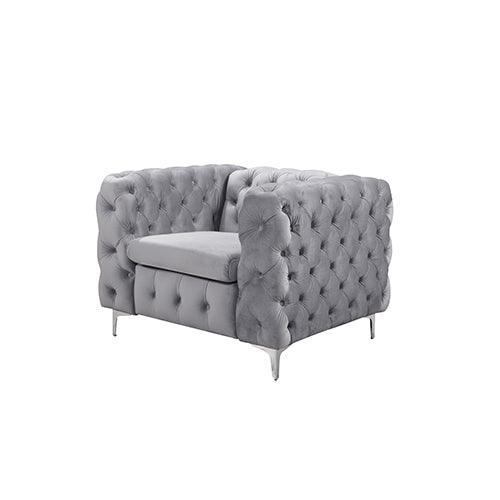 Single Seater Grey Sofa Classic Armchair Button Tufted in Velvet Fabric with Metal Legs - John Cootes