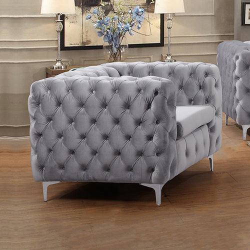 Single Seater Grey Sofa Classic Armchair Button Tufted in Velvet Fabric with Metal Legs - John Cootes
