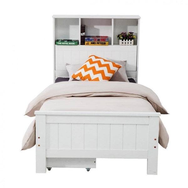 Single Size Solid Pine Timber Bed Frame with Bookshelf Headboard- White - John Cootes