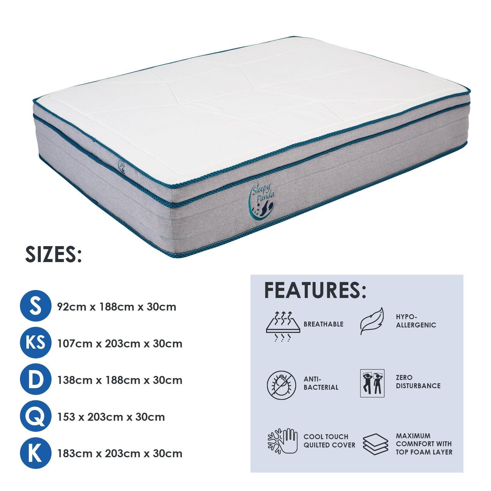 Sleepy Panda Mattress 5 Zone Pocket Spring EuroTop Medium Firm 30cm Thickness - King Single - White Grey Blue - John Cootes