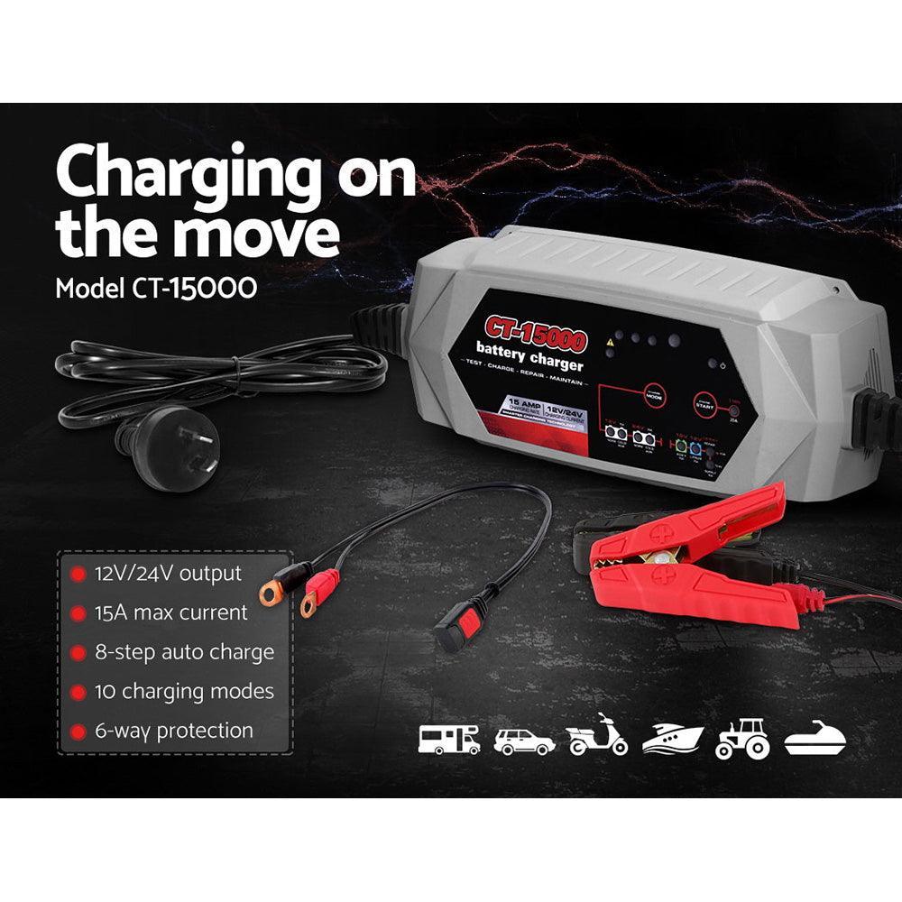 Smart Battery Charger 15A 12V 24V Automatic SLA AGM Car Truck Boat Motorcycle Caravan - John Cootes