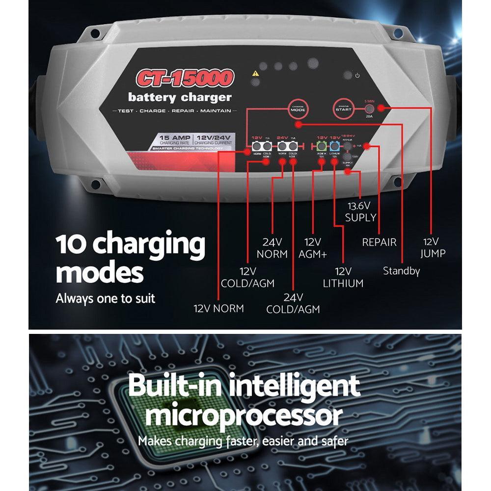 Smart Battery Charger 15A 12V 24V Automatic SLA AGM Car Truck Boat Motorcycle Caravan - John Cootes