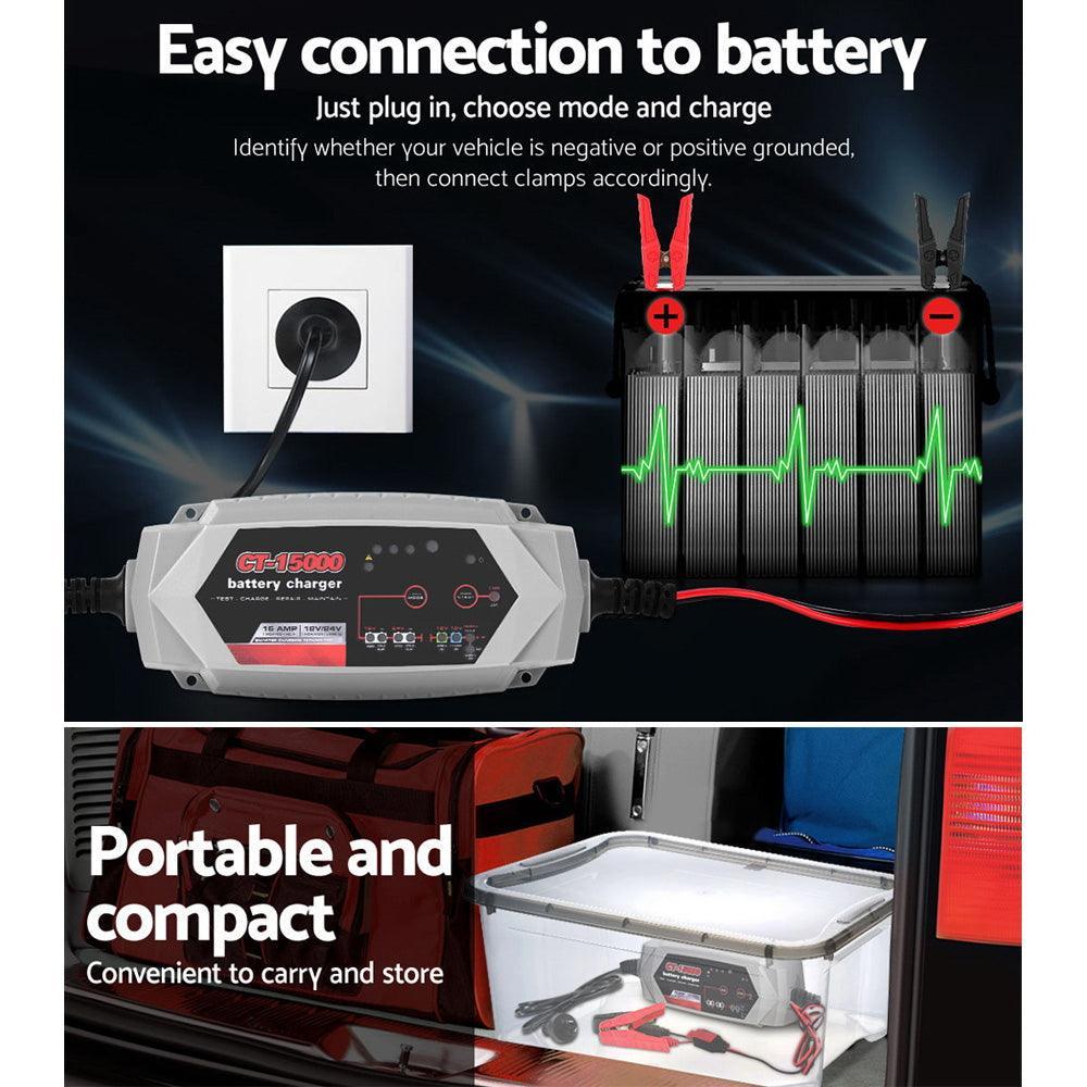 Smart Battery Charger 15A 12V 24V Automatic SLA AGM Car Truck Boat Motorcycle Caravan - John Cootes