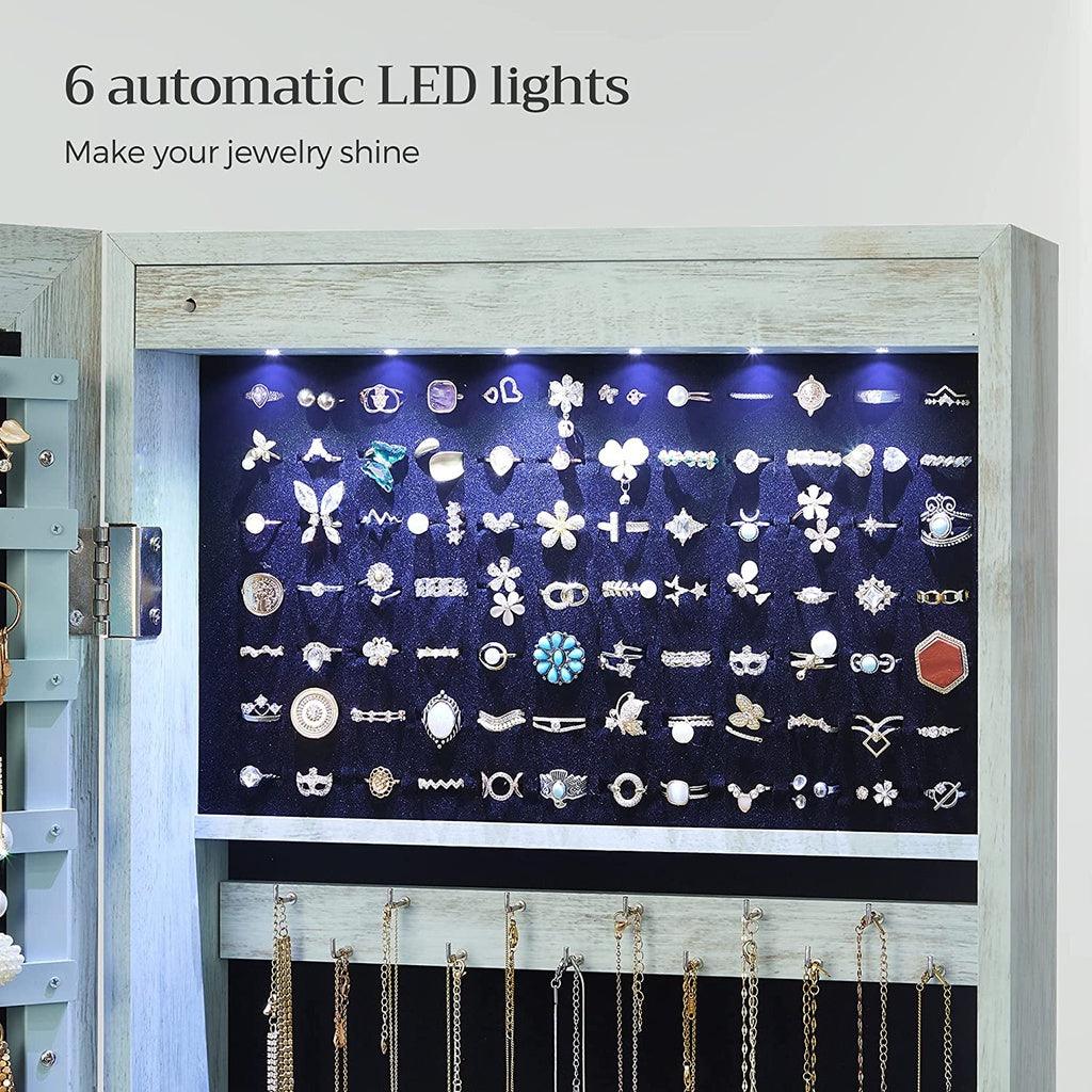 SONGMICS 6 LEDs Jewelry Cabinet Armoire Organizer with Mirror 2 Drawers Rustic Green JJC93UJ - John Cootes