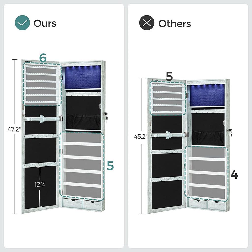 SONGMICS 6 LEDs Jewelry Cabinet Armoire Organizer with Mirror 2 Drawers Rustic Green JJC93UJ - John Cootes