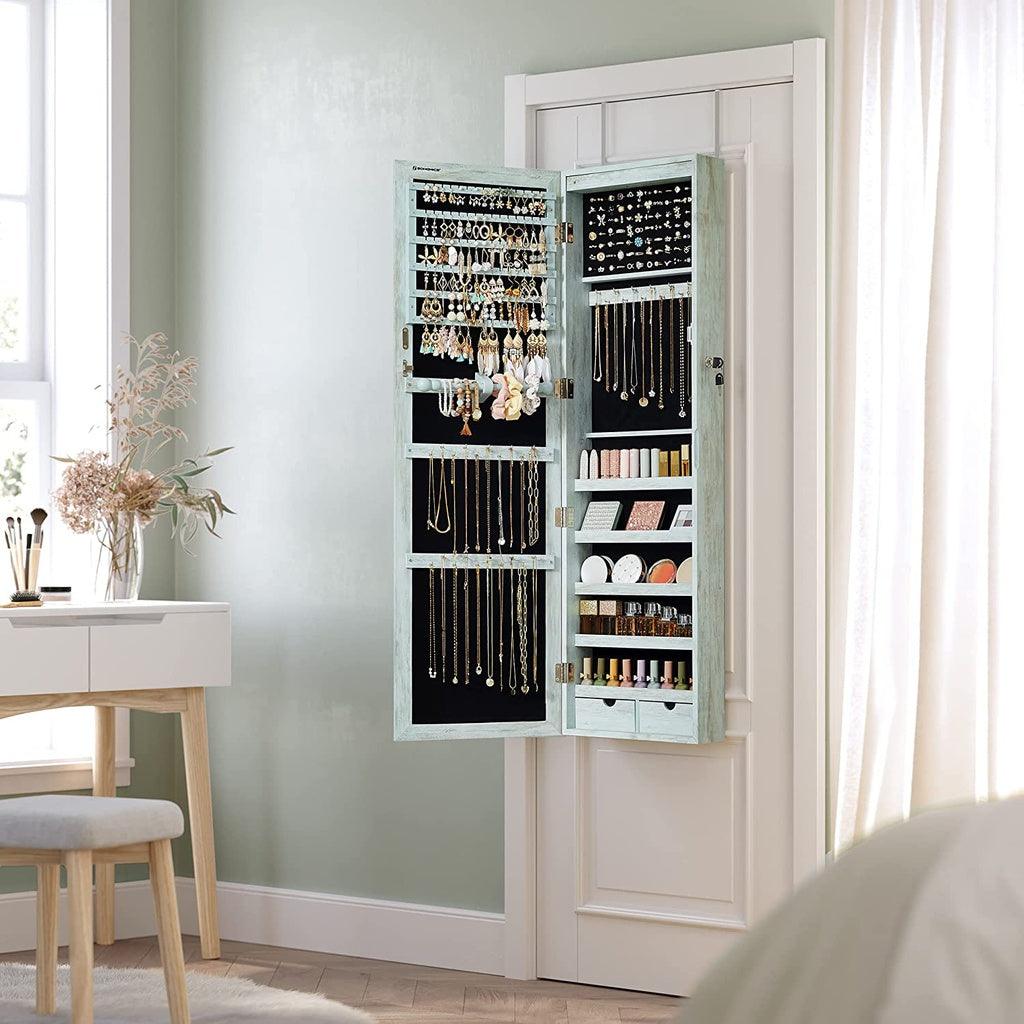 SONGMICS 6 LEDs Jewelry Cabinet Armoire Organizer with Mirror 2 Drawers Rustic Green JJC93UJ - John Cootes