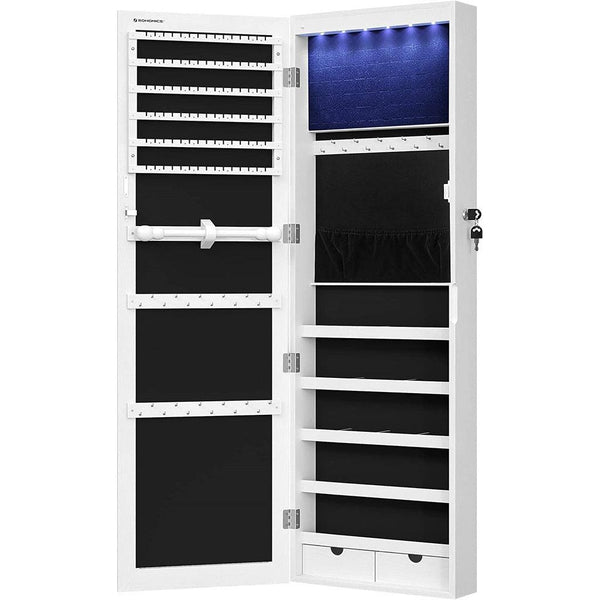 SONGMICS 6 LEDs Jewelry Cabinet Armoire Organizer with Mirror 2 Drawers White JJC93W - John Cootes