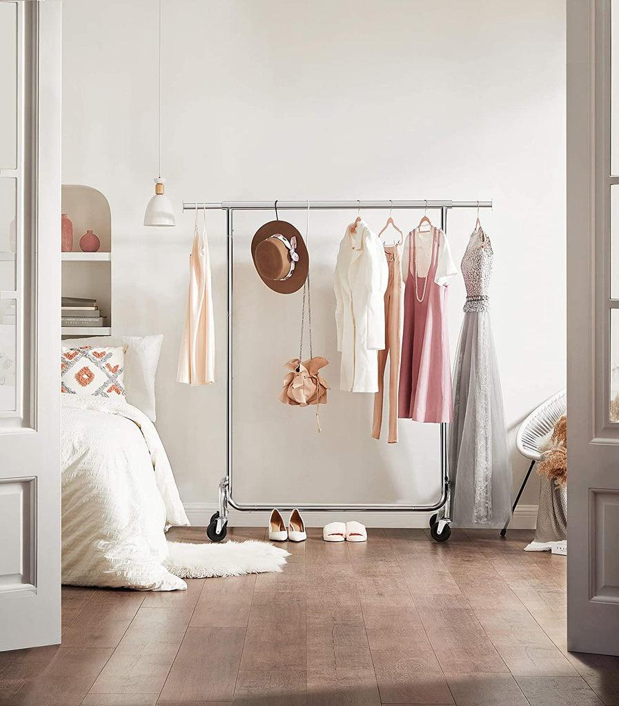 SONGMICS Heavy Duty Clothes Rack on Wheels Metal Chrome Extendable HSR11S - John Cootes