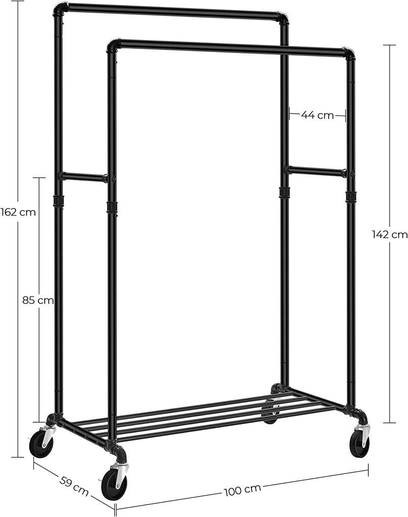 SONGMICS Industrial Pipe Clothes Rack on Wheels with Hanging Rack Organizer Black HSR60B - John Cootes