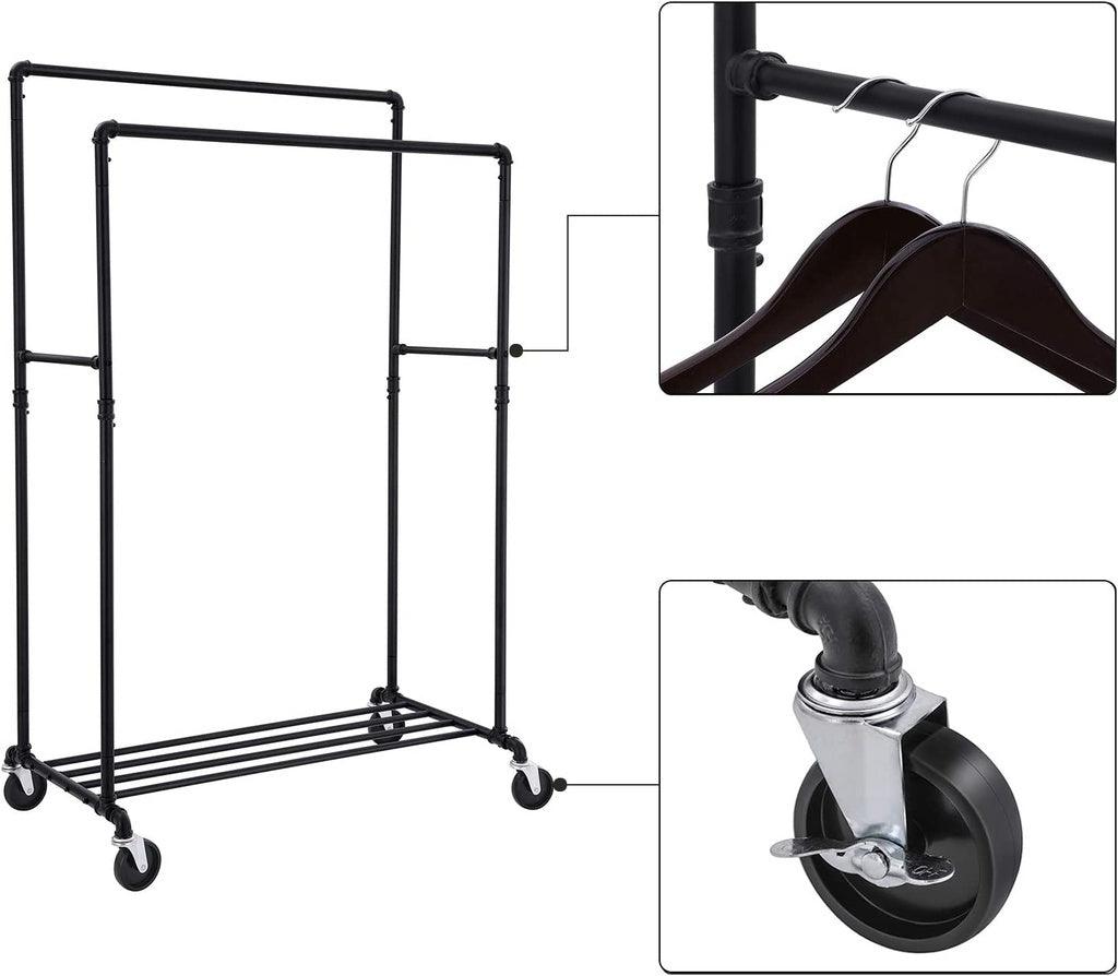 SONGMICS Industrial Pipe Clothes Rack on Wheels with Hanging Rack Organizer Black HSR60B - John Cootes