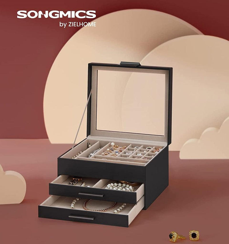 SONGMICS Jewelry Box 3-Layer with 2 Drawers Graphite Black JBC239BK - John Cootes