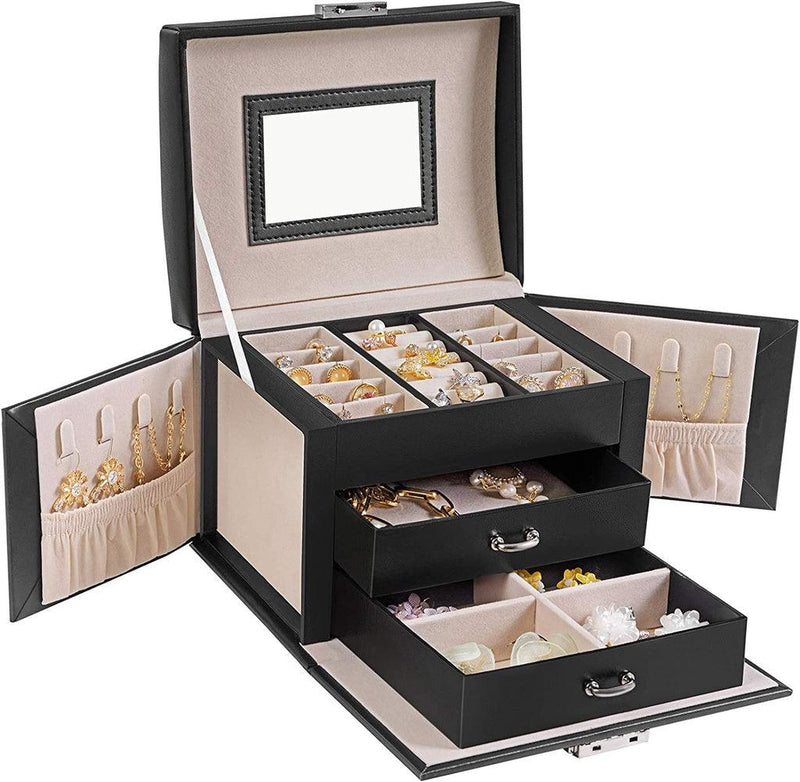 SONGMICS Lockable Jewellery Box Case with 2 Drawers and Mirror Black JBC154B01 - John Cootes