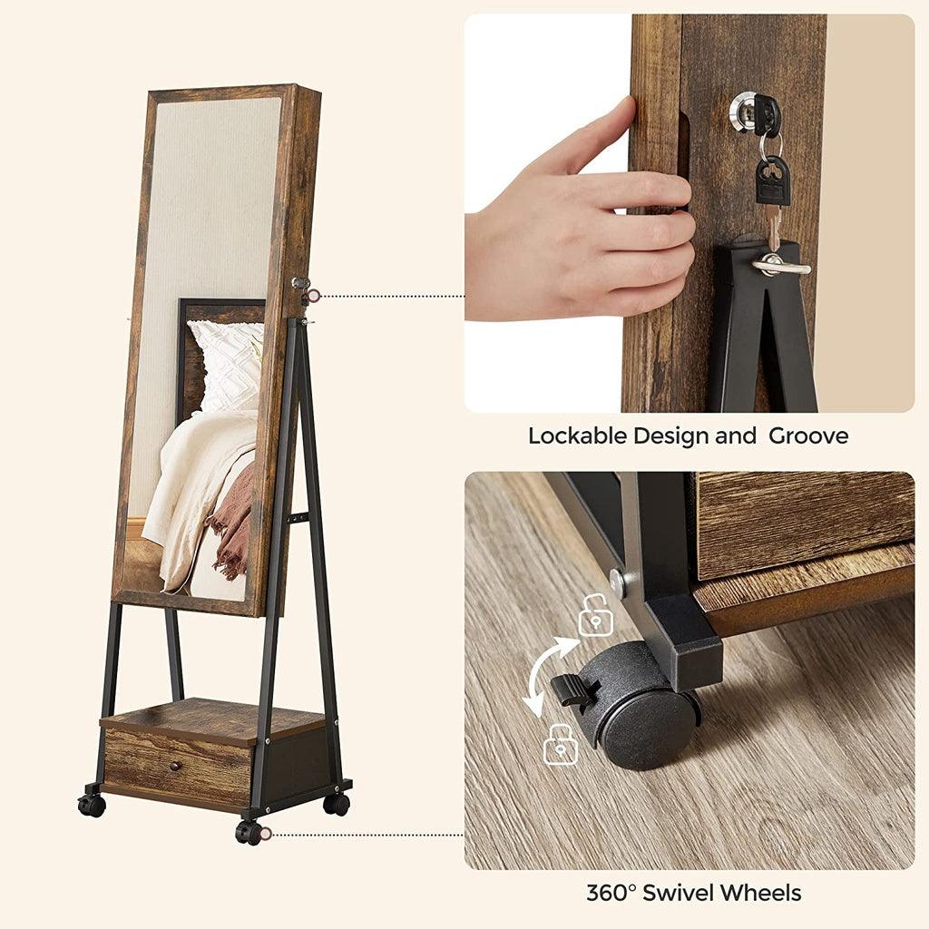 SONGMICS Lockable Jewelry Cabinet Floor Standing on Wheels with Mirror Rustic Brown JJC004X01 - John Cootes