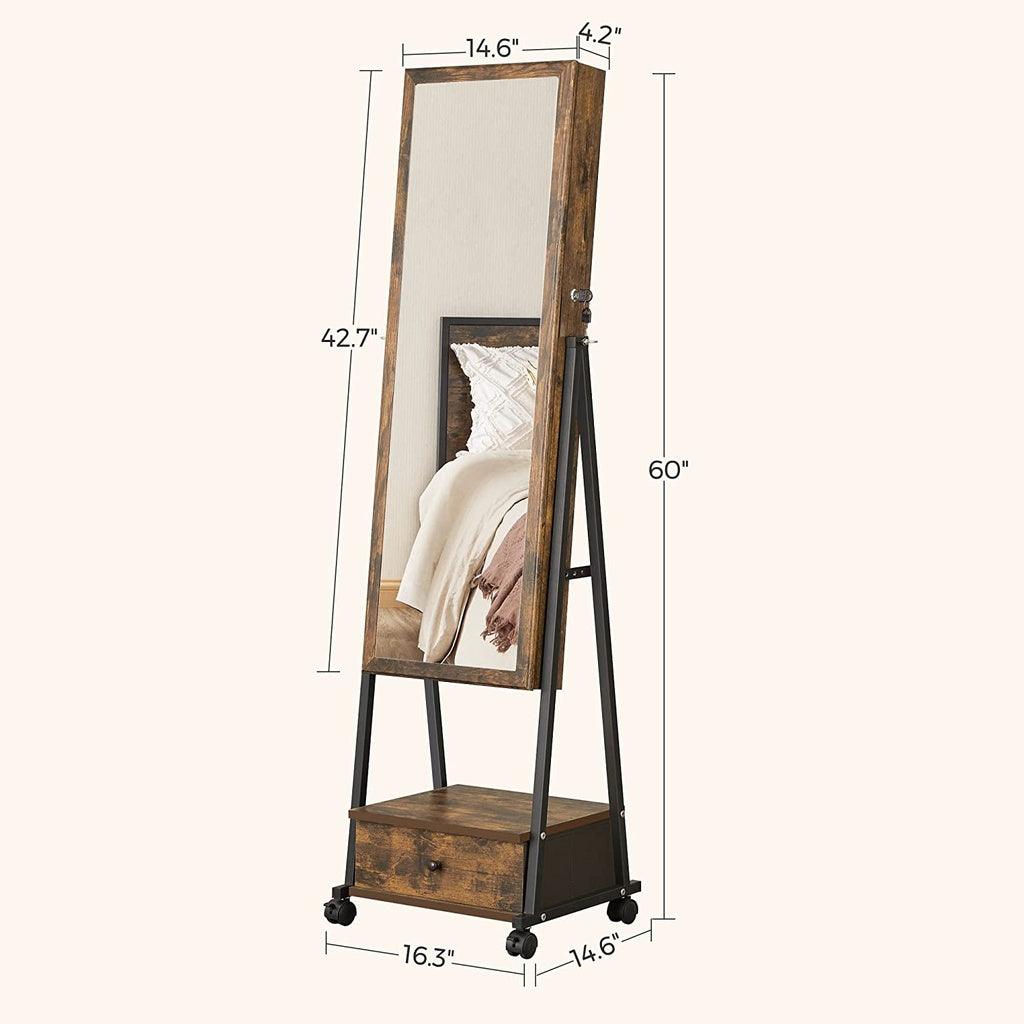 SONGMICS Lockable Jewelry Cabinet Floor Standing on Wheels with Mirror Rustic Brown JJC004X01 - John Cootes