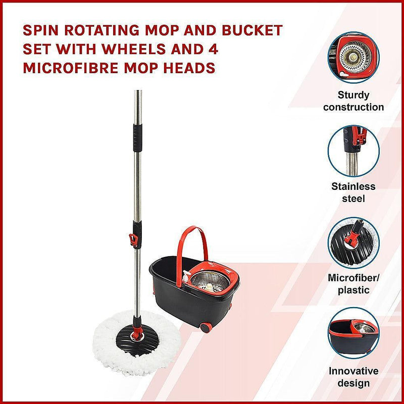 Spin Rotating Mop and Bucket Set with Wheels and 4 Microfibre Mop Heads - John Cootes