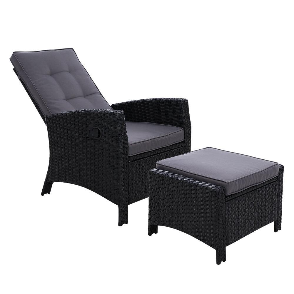 Sun lounge Recliner Chair Wicker Lounger Sofa Day Bed Outdoor Furniture Patio Garden Cushion Ottoman Black Gardeon - John Cootes