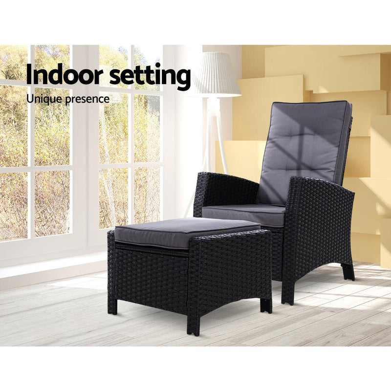 Sun lounge Recliner Chair Wicker Lounger Sofa Day Bed Outdoor Furniture Patio Garden Cushion Ottoman Black Gardeon - John Cootes