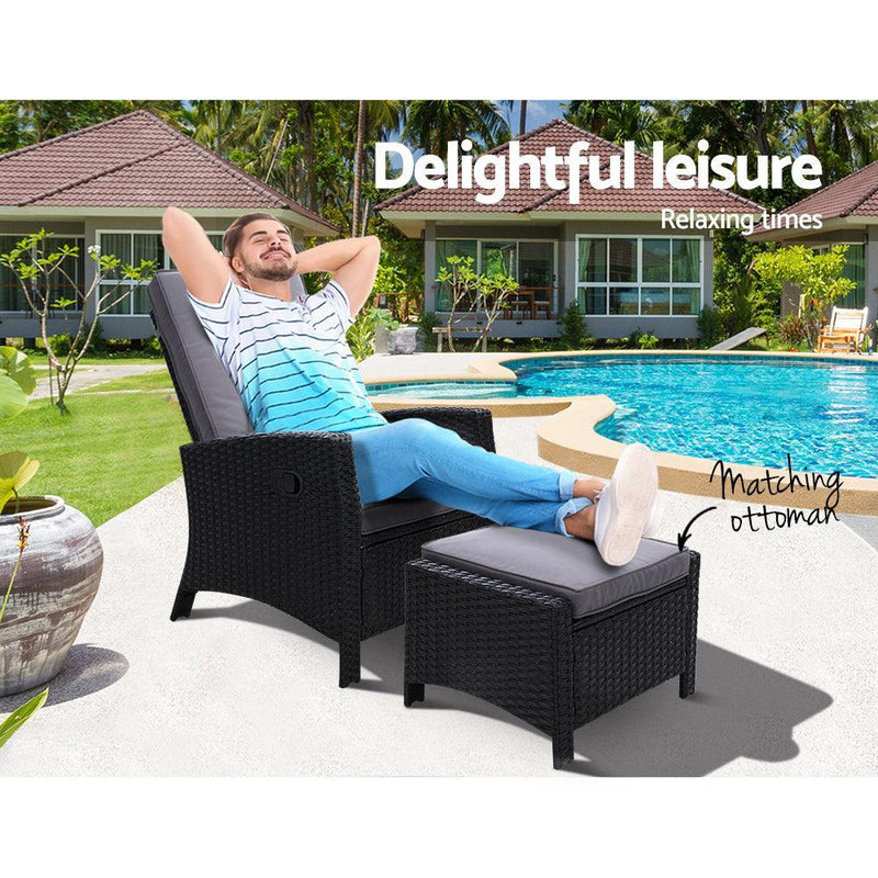 Sun lounge Recliner Chair Wicker Lounger Sofa Day Bed Outdoor Furniture Patio Garden Cushion Ottoman Black Gardeon - John Cootes