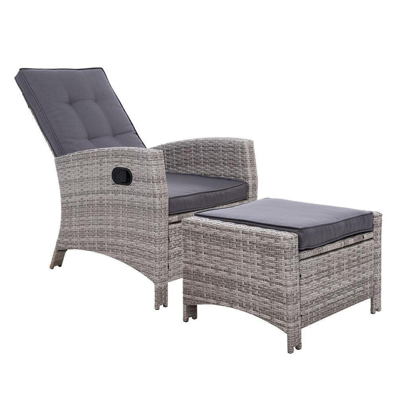 Sun lounge Recliner Chair Wicker Lounger Sofa Day Bed Outdoor Furniture Patio Garden Cushion Ottoman Grey Gardeon - John Cootes
