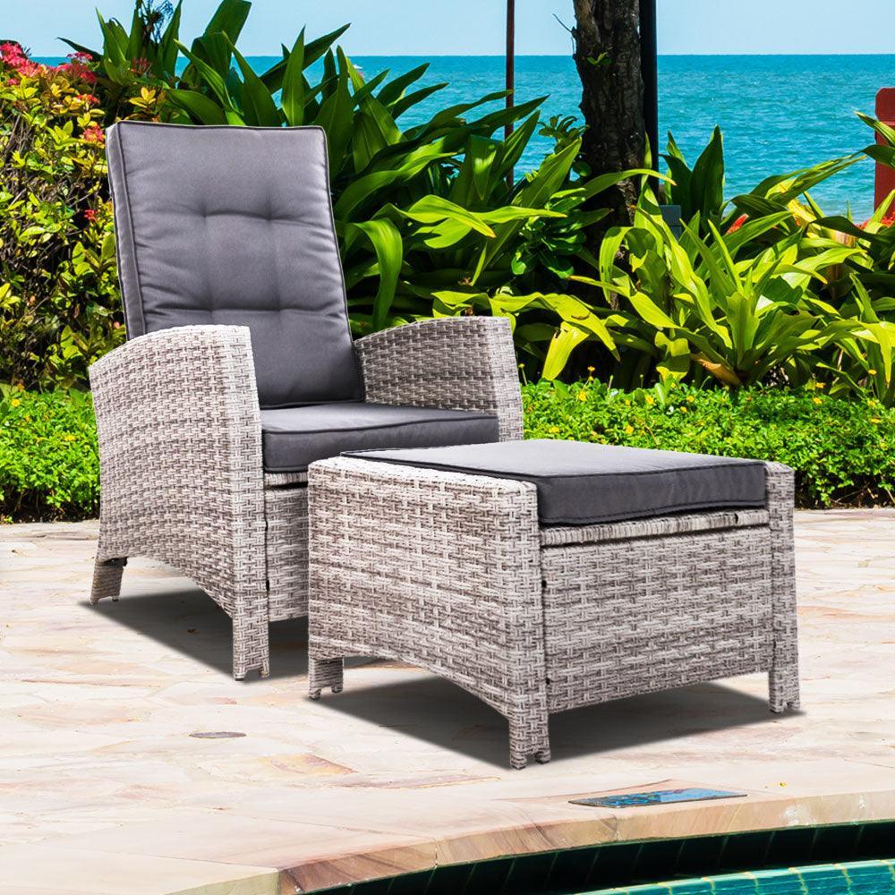 Sun lounge Recliner Chair Wicker Lounger Sofa Day Bed Outdoor Furniture Patio Garden Cushion Ottoman Grey Gardeon - John Cootes