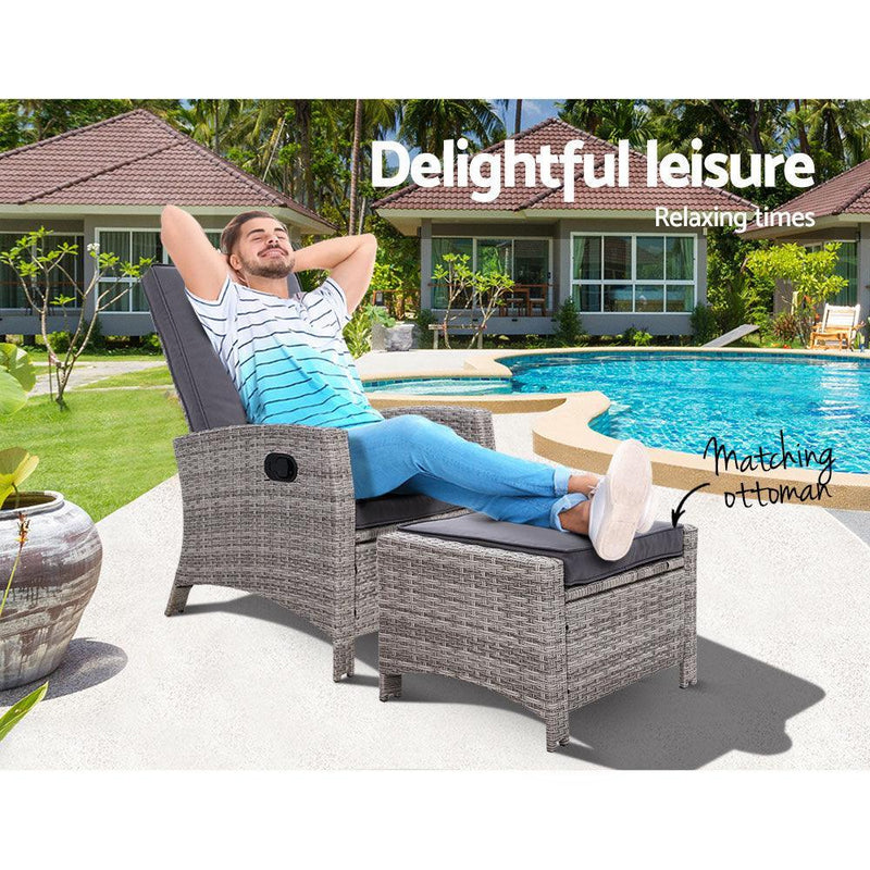 Sun lounge Recliner Chair Wicker Lounger Sofa Day Bed Outdoor Furniture Patio Garden Cushion Ottoman Grey Gardeon - John Cootes