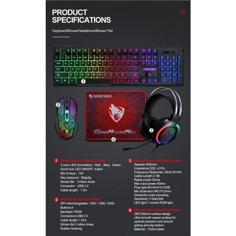 T-Wolf TF400 4-pcs Rainbow Keyboard/Mouse/Headphone/Mouse Pad Kit Set - John Cootes