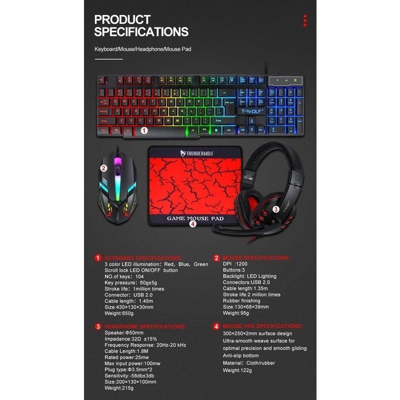 T-Wolf TF800 RGB 4-pcs Gaming Keyboard/Mouse/Headphone/Mouse Pad Kit Set - John Cootes