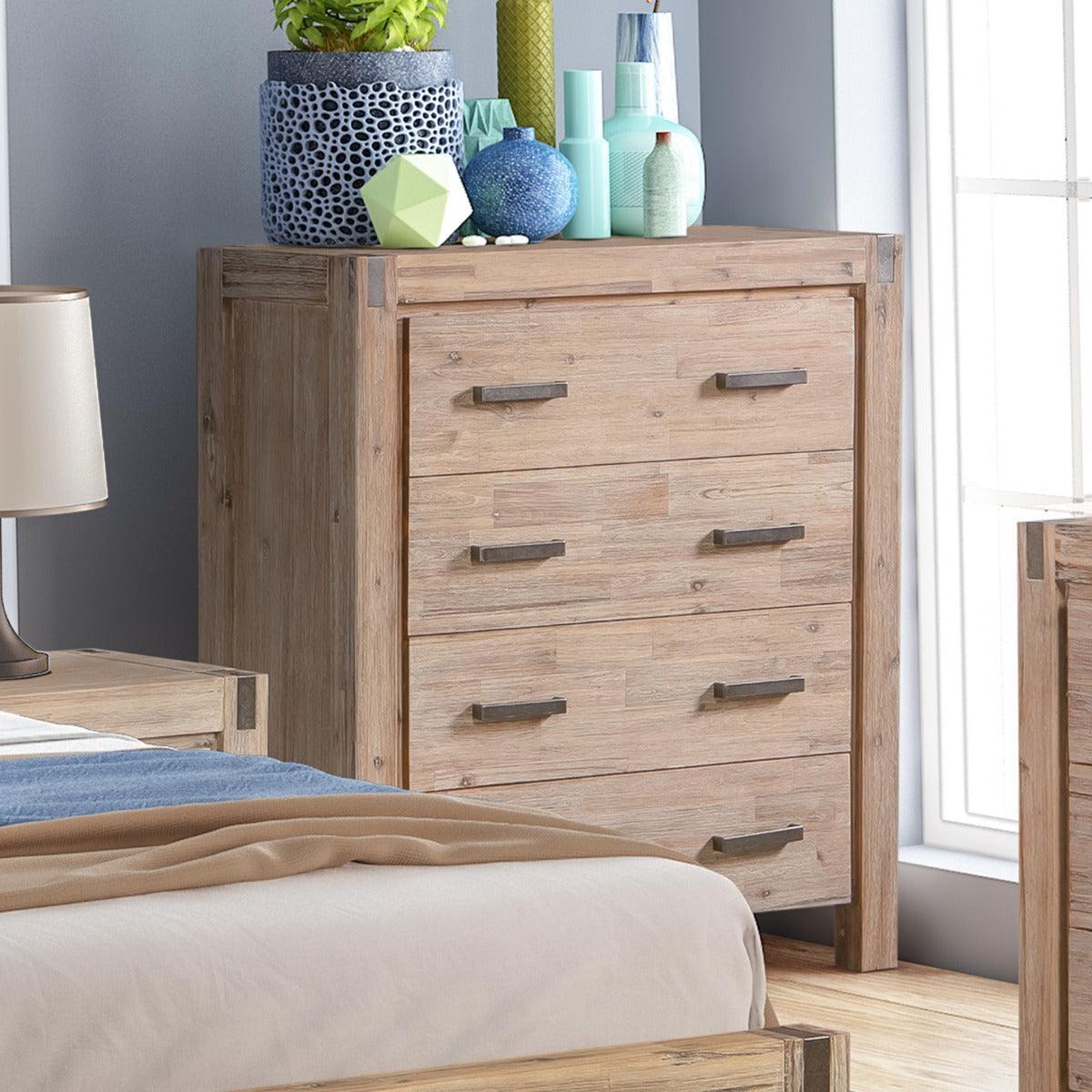 Tallboy with 4 Storage Drawers Assembled in Oak Colour Solid Wooden - John Cootes