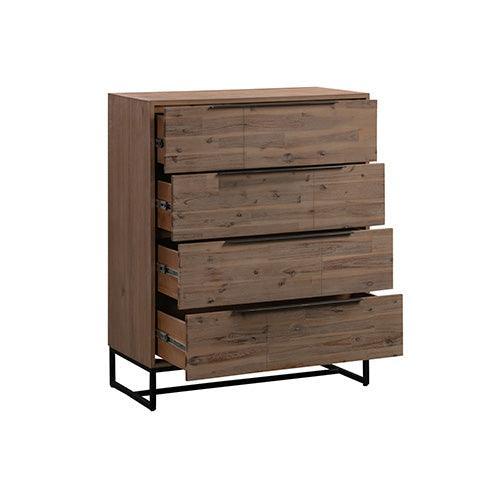 Tallboy with 4 Storage Drawers Assembled Solid Acacia Wooden Construction in Tea Colour - John Cootes