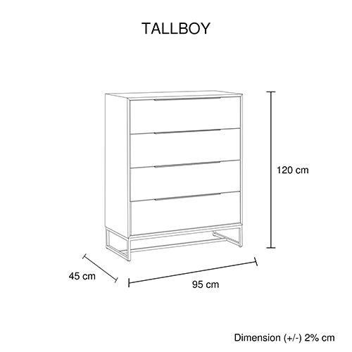 Tallboy with 4 Storage Drawers Assembled Solid Acacia Wooden Construction in Tea Colour - John Cootes