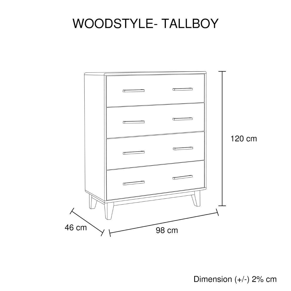 Tallboy with 4 Storage Drawers in Wooden Light Brown Colour - John Cootes