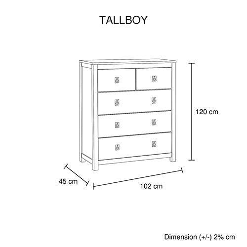 Tallboy with 5 Storage Drawers in Cloud White Ash Color with Solid Acacia Wooden Frame - John Cootes