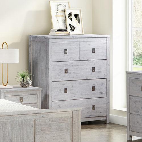 Tallboy with 5 Storage Drawers in Cloud White Ash Color with Solid Acacia Wooden Frame - John Cootes