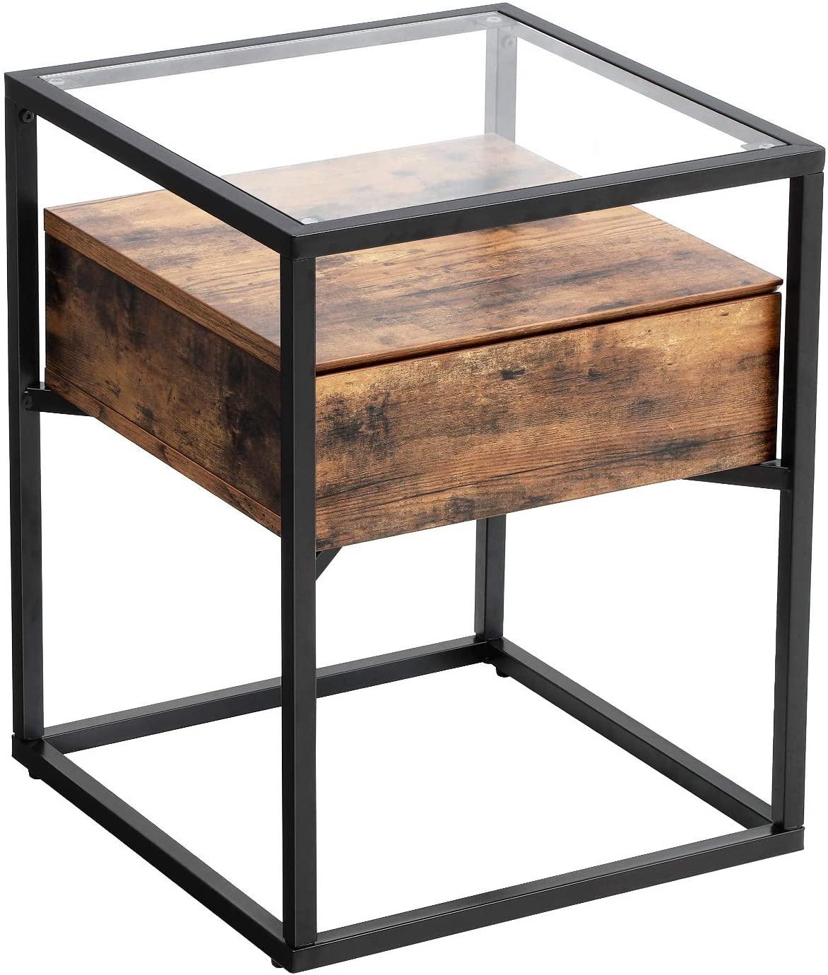 Tempered Glass End Table with Drawer and Rustic Shelf Stable Iron Frame - John Cootes