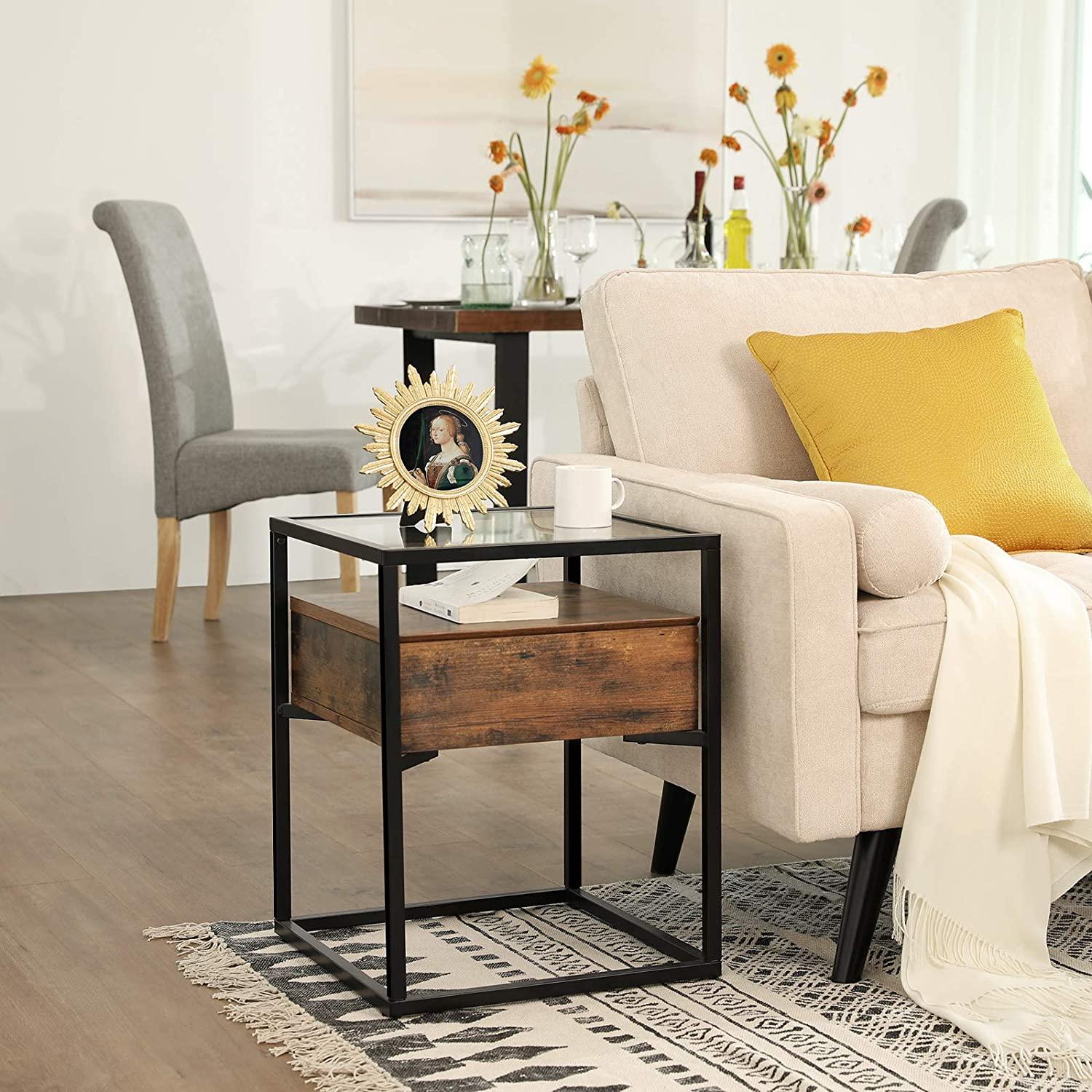 Tempered Glass End Table with Drawer and Rustic Shelf Stable Iron Frame - John Cootes