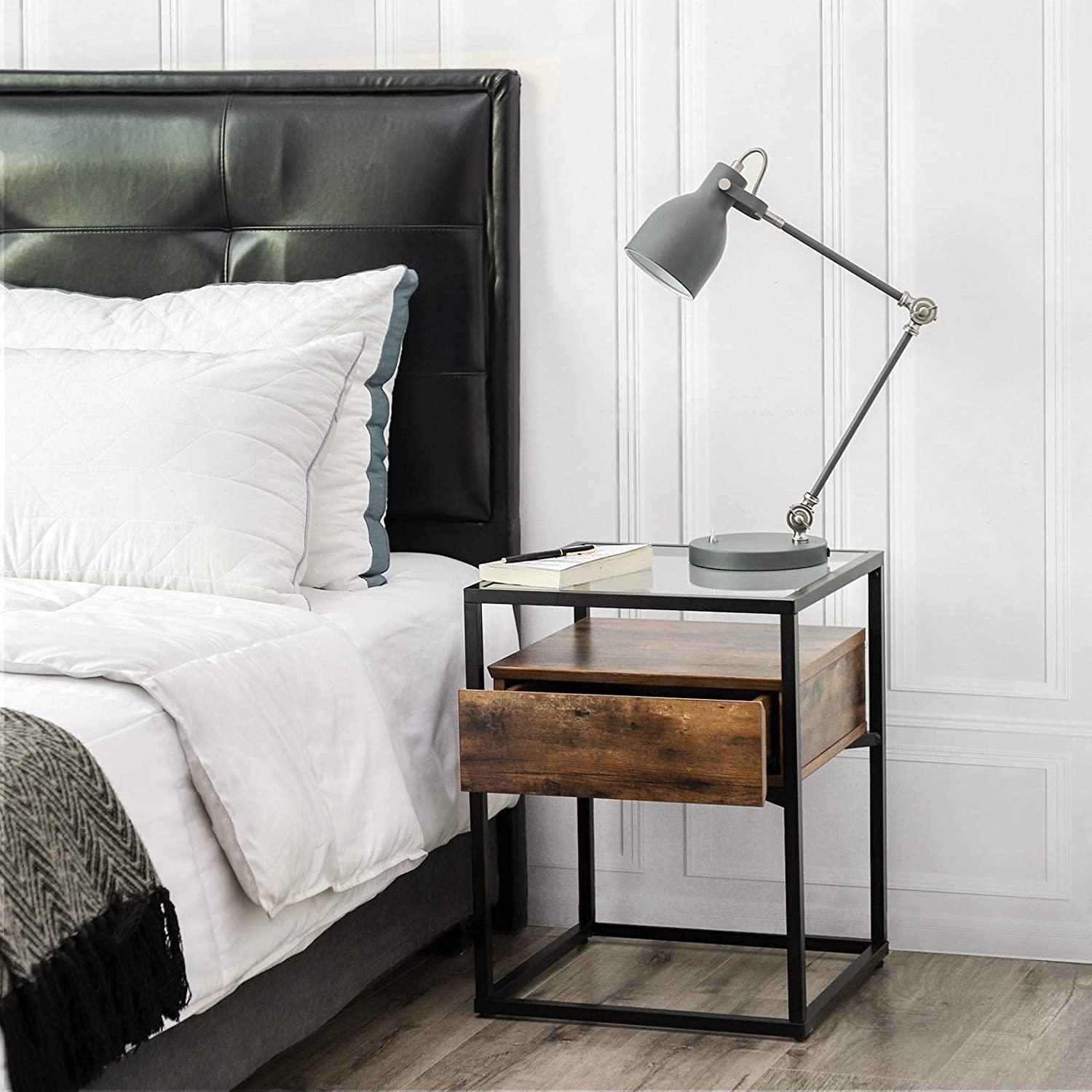 Tempered Glass End Table with Drawer and Rustic Shelf Stable Iron Frame - John Cootes